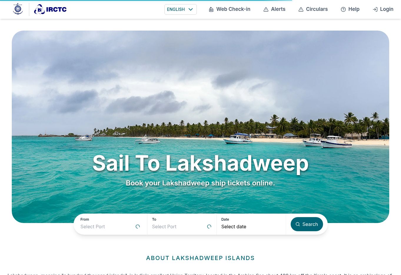 IRCTC Lakshadweep ticketing homepage showing From, To and Date fields with a Search button