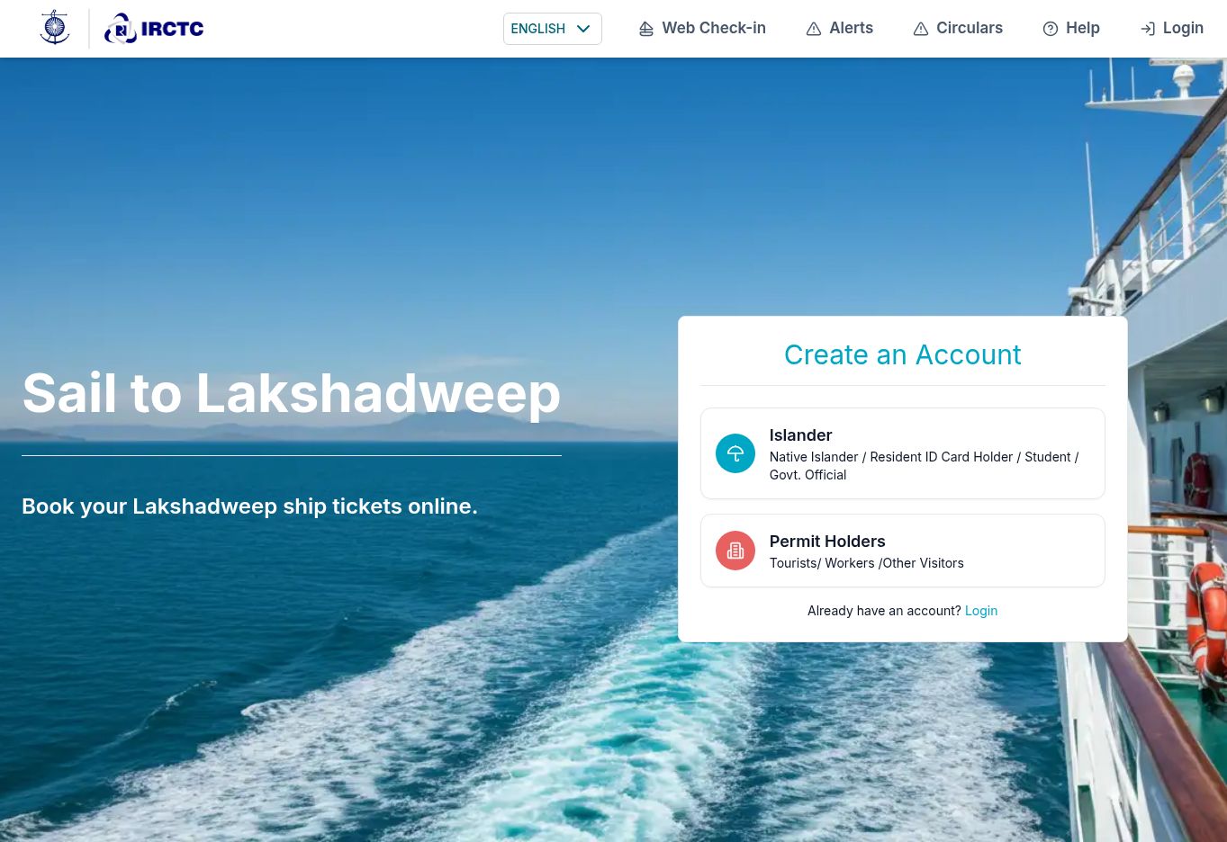 IRCTC Lakshadweep registration page showing Islander and Permit Holders account options